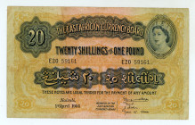 East Africa
East African Currency Board
20 Shillings/1 Pound, 1sr April 1954 (Nairobi)
S/N E20 59161
Printer: TDLR
Pick 35; TBB 225

About very fine.
...