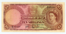 Fiji (British Administration)
Goverment of Fiji
10 Shillings, 1st September 1964
S/N C/7 47141
Signatures of Ritchie, Griffiths and Cruickshank
Printe...