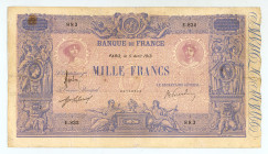 France
Bank of France
1.000 Francs, 5th April 1913
S/N E.832 883
Signatures of Frachon, J. Laferriere and E. Picard
Pick 67g; F.36/27

Good fine, pinh...