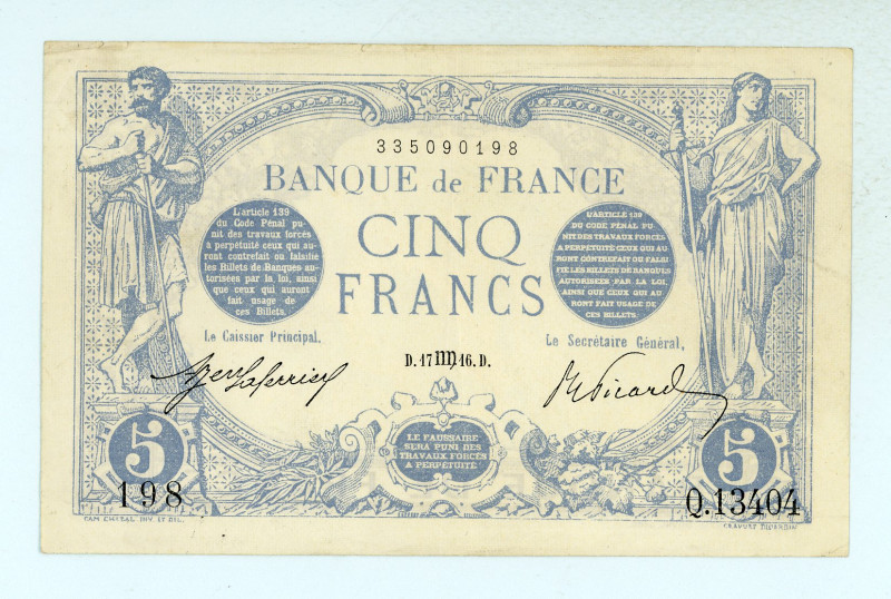 France
Bank of France
5 Francs (Blue), 4th April 1916
S/N Q.13404 198
Watermark:...