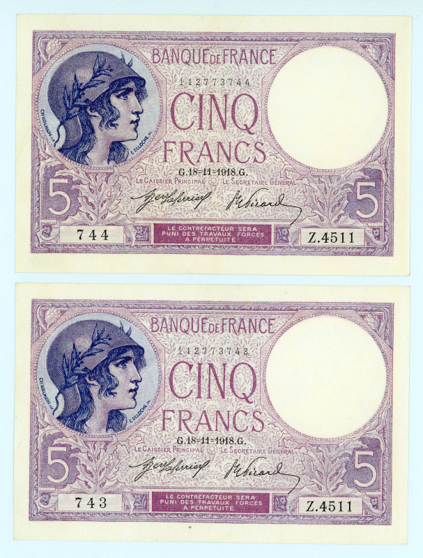 France
Lot of 2 banknotes comprising 5 Francs (2), 18th November 1918
S/N Z.4511...