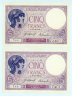 France
Lot of 2 banknotes comprising 5 Francs (2), 18th November 1918
S/N Z.4511 743-44 (consecutive numbers)
Watermark: Helmeted head
Pick 72d; Fay 0...