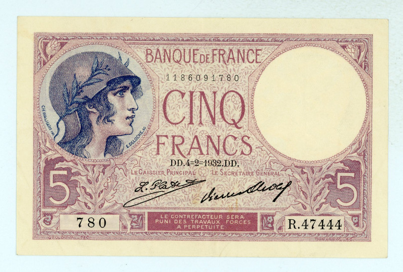 France
Bank of France
5 Francs (Violet), 4th February 1932
S/N R.47444 780
Water...