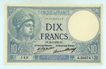 France
Bank of France
10 Francs, 26th February 1931
S/N A.56574 148
Watermark: Helmeted head
Pick 73d; Fay 05/15

About uncirculated.

From the “Yanke...