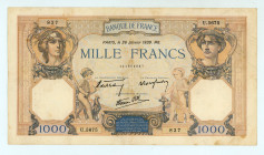 France
Bank of France
1.000 Francs (Cérès and Mercure type 1927 modificated), 26th January 1939
S/N U.5675 837
Signatures of René Favre-Gilly, Henri d...