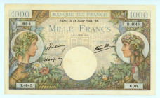 France
Bank of France
1.000 Francs, 13th July 1944
S/N D.4045 606
Signatures of René Favre-Gilly, Jacques Belin and Pierre Rousseau
Printer: Banque de...