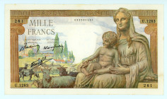 France
Bank of France
1.000 Francs (Goddess Déméter), 3rd September 1942
S/N U.1283 281
Signatures of René Favre-Gilly, Jacques Belin and Pierre Rouss...