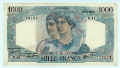 France (Provisional Government of the French Republic, 1944-1946)
Bank of France
1.000 Francs (Minerve & Hercule), 14th June 1945
S/N D.44 15253
Signa...