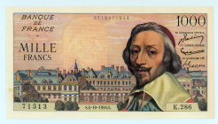 France
Bank of France
1.000 Francs (Richelieu), 4th October 1956
S/N K286 71513
Signatures of Pol Gargam, Jacques Belin and Gaston Goüin d'Ambrières
W...