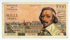 France
Bank of France
1.000 Francs (Richelieu), 7th January 1954
S/N G.30 67583
Signatures of Pol Gargam, Jacques Belin and Gaston Goüin d'Ambrières
W...