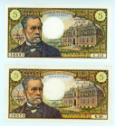France
Lot of 2 banknotes comprising 5 Francs, 4th November 1966 and 4th September 1969
S/N N.39 19574 and C.113 18897
Watermark: Pasteur
Pick 146a; F...