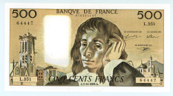 France
Bank of France
500 Francs (Pacal), 3rd October 1991
S/N L.351 64447
Signatures of Didier Bruneel, Jean Bonnardin and André Charriau
Printer: Ba...