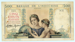French Indochina
Banque de l' Indo-Chine
500 Francs, ND (1939)
S/N P.11 443
Printer: Banque de France
Pick 57

Very fine (pinholes and annotations).

...