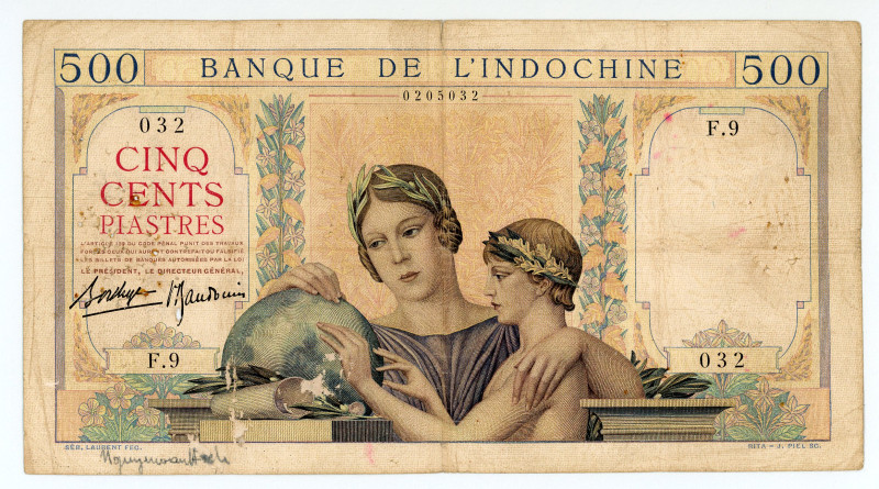 French Indochina
Banque de l' Indo-Chine
500 Francs, ND (1939)
S/N F.9 032 
Prin...
