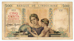 French Indochina
Banque de l' Indo-Chine
500 Francs, ND (1939)
S/N F.9 032 
Printer: Banque de France
Pick 57

Fine (pinholes).

From the “Yankee” Col...