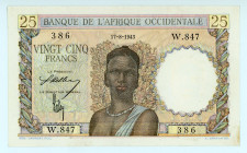 French West Africa
Banque de L'Afrique Occidentale
25 Francs, 17th August 1943
S/N W.847 386
Printer: Bank of France
Watermark: Woman's head
Pick 38.0...