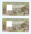 French West Africa (Ivory Coast)
Lot of 2 banknotes comprising 500 Francs (2), 1983A
S/N A 678072 A.5 and A493287 Y.4
Signatures of Abdoulaye Fadiga a...