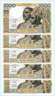 French West Africa (Ivory Coast-Senegal-Togo)
Lot of 5 banknotes comprising 1.000 Francs (5), ND (1959-1981) for Ivory Coast, Senegal and Togo
S/N B.2...