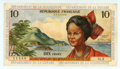 French West Indies
Department of Guadeloupe, Guyane and Martinique
10 Francs, ND (1964)
S/N G.2 11366
Signatures of Postel-Vinay and Calvet
Printer: B...