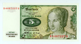 Germany
Deutsche Bundesbank
5 Mark, 2nd January 1960
S/N B4467227B
Signatures of Karl Blessing and Heinrich Troeger
Printer: Bundesdruckerei
Watermark...