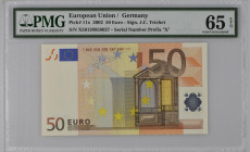 Germany (European Union)
European Central Bank
50 Euro, 2002
S/N X59138858027
Signature of J.C. Trichet
Serial Number Prefix “X”
Pick 11x

Graded Gem ...