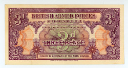Great Britain
British Armed Forces
3 Pence, ND (1946)
S/N -
Printer: TDLR
Pick M9

Extremely fine.

From the “Yankee” Collection of banknotes.