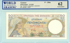 Greece
Bank of Greece
50 Drachmai, 1st September 1935
S/N ΑΠ=041 919477
Printer: France - no imprint
Pick 104a; Pitidis 103

Graded Uncirculated 62 WB...