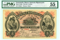 Guatemala
Banco Agricola Hipotecario
5 Pesos, 1st June 1917 - Issue of 1914-1920
S/N 376641
Printer: W&S
Pick S102c

Graded About Uncirculated 55 PMG....
