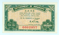 Hong Kong
Goverment of Hong Kong
5 Cents, ND (1941)
S/N 6662957
Pick 314; KNB4

Uncirculated (4 pinholes).

From the “Yankee” Collection of banknotes....