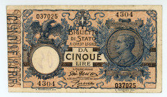 Italy
Ministry of Treasury (Ministero del tesoro)
5 Lire, ND (1917)
S/N 4304 037025
Signature of Ara and Porena
Pick 23e

Very fine with annotation.

...