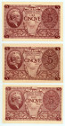 Italy
Lot of 3 banknotes comprising 5 Lire (3), 23rd November 1944
S/N 0520 633833, 0673 175111-12 (consecutive numbers)
Signatures Bolaffi, Cavallaro...