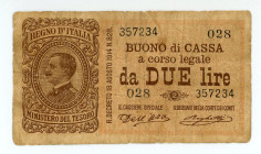 Italy
Ministry of Treasury (Ministero del tesoro)
2 Lire,August 1914
S/N 028 357234
Signature of Ara and Porena
Pick 37

Fine.

From the “Yankee” Coll...