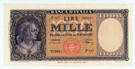 Italy
Bank of Italy
1.000 Lire, 10th February 1948
S/N P167 025661
Printer: IPZS (Istituto Poligrafico e Zecca dello Stato)
Watermark: Female head rep...