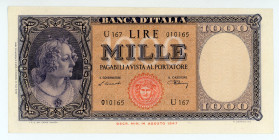 Italy
Bank of Italy
1.000 Lire, 1948
S/N U167 010165
Signatures of Einaudi and Urbini
Pick 88a

Good extremely fine or better.

From the “Yankee” Coll...