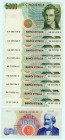 Italy
Lot of 10 banknotes comprising 1.000 Lire (1), 14th July 1962 and 5.000 Lire (9), 4th January 1985
S/N R10 642145, GA 295419, -20E (consecutive ...