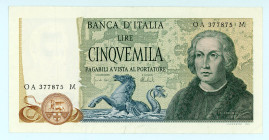 Italy
Bank of Italy
5.000 Lire (Colombo), 11th April 1973
S/N OA 377875 M
Signatures of Carli and Barbarito
Printer: Bank of Italy
Watermark: Head of ...