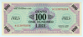 Italy
Allied Military Currency
100 Lire, 1943A
S/N A11397520B
Pick M21b

Good very fine.

From the “Yankee” Collection of banknotes.