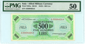 Italy
Allied Military Currency
500 Lire, 1943A
S/N A35094624A
Pick M22a

Graded About Uncirculated 50 PMG.

From the “Yankee” Collection of banknotes....