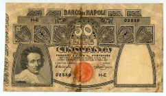 Italy
Banco di Napoli
50 Lire, ND (1914)
S/N H-E 02339
Watermark: Woman's head towards left
Pick S856

About fine, stains and holes.

From the “Yankee...