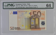 Italy (European Union)
European Central Bank
50 Euro, 2002
S/N S45770217298
Signature of J. C. Trichet
Serial Number Prefix “S”
Pick 11s

Graded Choic...