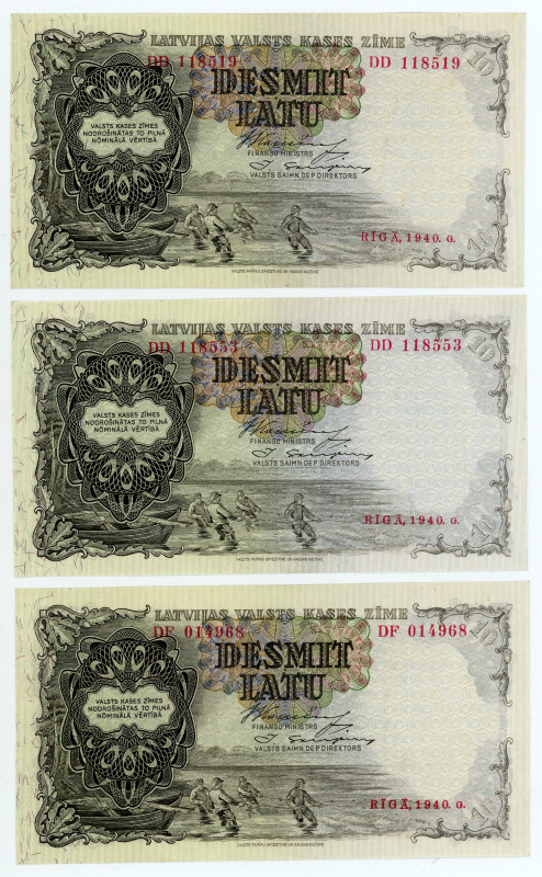 Latvia
Government State Treasury Note
Lot of 3 banknotes comprising 10 Latu (3),...