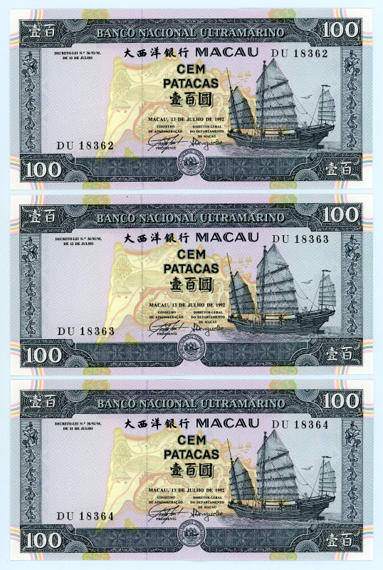 Macau
Banco Nacional Ultramarino
Lot of 3 banknotes comprising 100 Patacas, 13th...