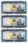 Macau
Banco Nacional Ultramarino
Lot of 3 banknotes comprising 100 Patacas, 13th July 1992
S/N DU 18362-4 (consecutive numbers)
Watermark: Junk
Pick 6...