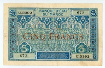 Morocco
Banque d' Etat du Maroc
5 Francs, ND (1924)
S/N U.3392 672
Printer: Imprimerie Chaix
Pick 9

Good very fine.

From the “Yankee” Collection of ...