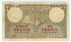 Morocco
Banque d' Etat du Maroc
20 Francs, 2nd December 1931
S/N H.982 811
Printer: Bank of France
Pick 18a-2

Fine.

From the “Yankee” Collection of ...
