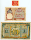 Morocco
Lot of 3 banknotes comprising 50 Centimes, 8th April 1944, 5 Francs, 14th November 1941 and 100 Francs, 1st May 1943
S/N -, M.593 817 and V116...