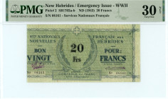 New Hebrides (Vanuatu)
Services Nationaux Français des Nouvelles Hébrides (Emergency Issue - WWII)
20 Francs (Noumea), ND (1943)
S/N 08161
Pick 2; SB1...