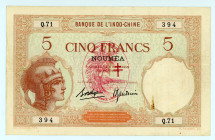 New Hebrides (Vanuatu)
Banque de l' Indochine
5 Francs (Noumea), ND (1941)
S/N Q.71 394
Overprint on red oval with NOUVELLES HÉBRIDES FRANCE LIBRE (pa...