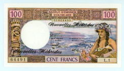 New Hebrides (Vanuatu)
Institut d' Emission d' Outre-Mer
100 Francs (Nouvelles Hėbrides ), ND (1977)
S/N L.1 64491 
Overprint in cursive
Signatures of...