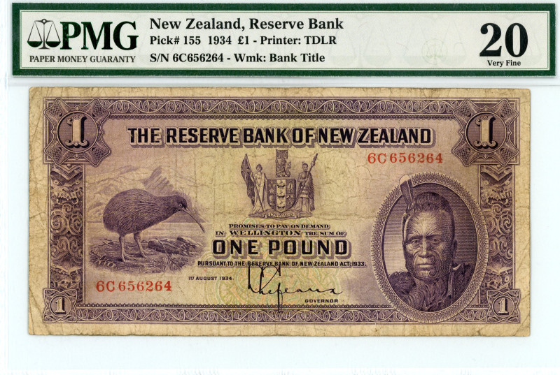 New Zealand
Reserve Bank
1 Pound, 1st August 1934
S/N 6C656264
Printer: TDLR
Wat...